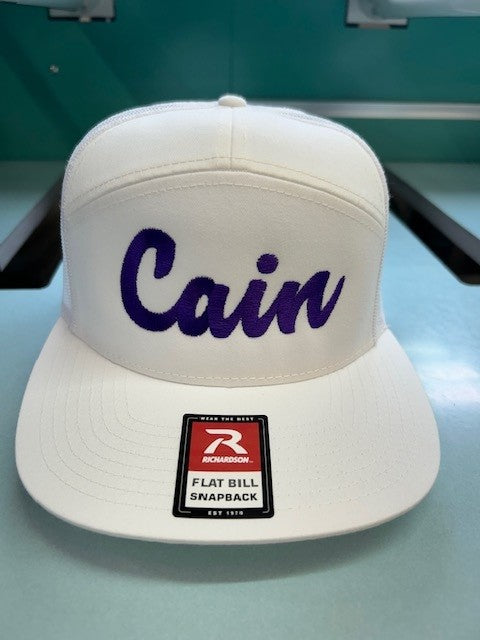 KC-R169 Cain Richardson Cannon 7-Panel Flatbill Cap-Full front, 1 Color Purple Embroidiery logo